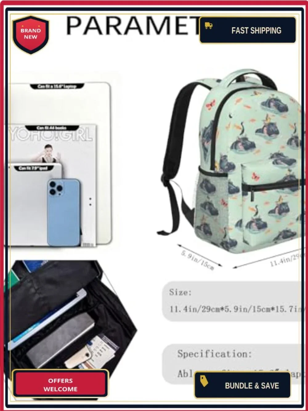 Cute Hippo Casual Backpack for Laptop, School, Travel Hiking - Polyester